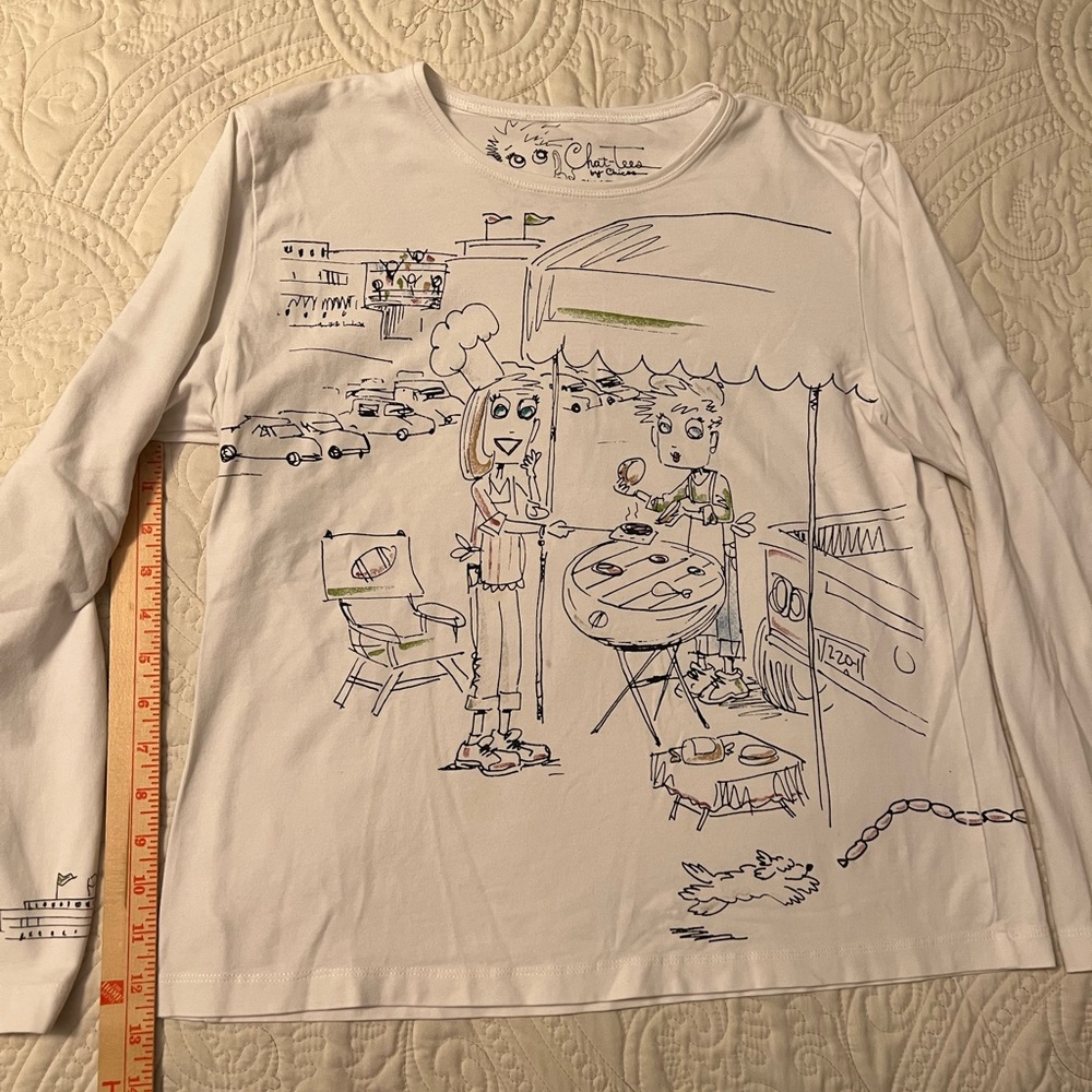 CHICO’S SIZE 1 CHAT-TEES TAILGATE LONG SLEEVE WHITE TOP